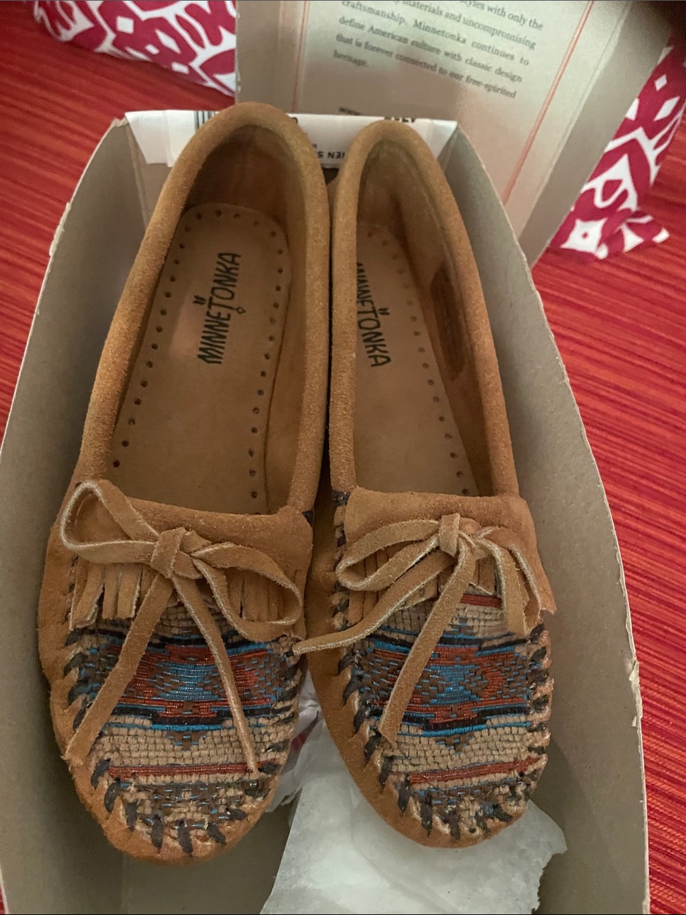 Minnetonka Tan Suede Moccasins with Multicolor Southwestern Weave
